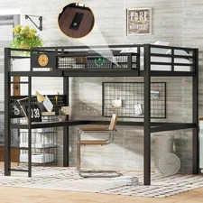Queen Size Loft Bed Frame with desk storage basket Metal Loft Bed with clock