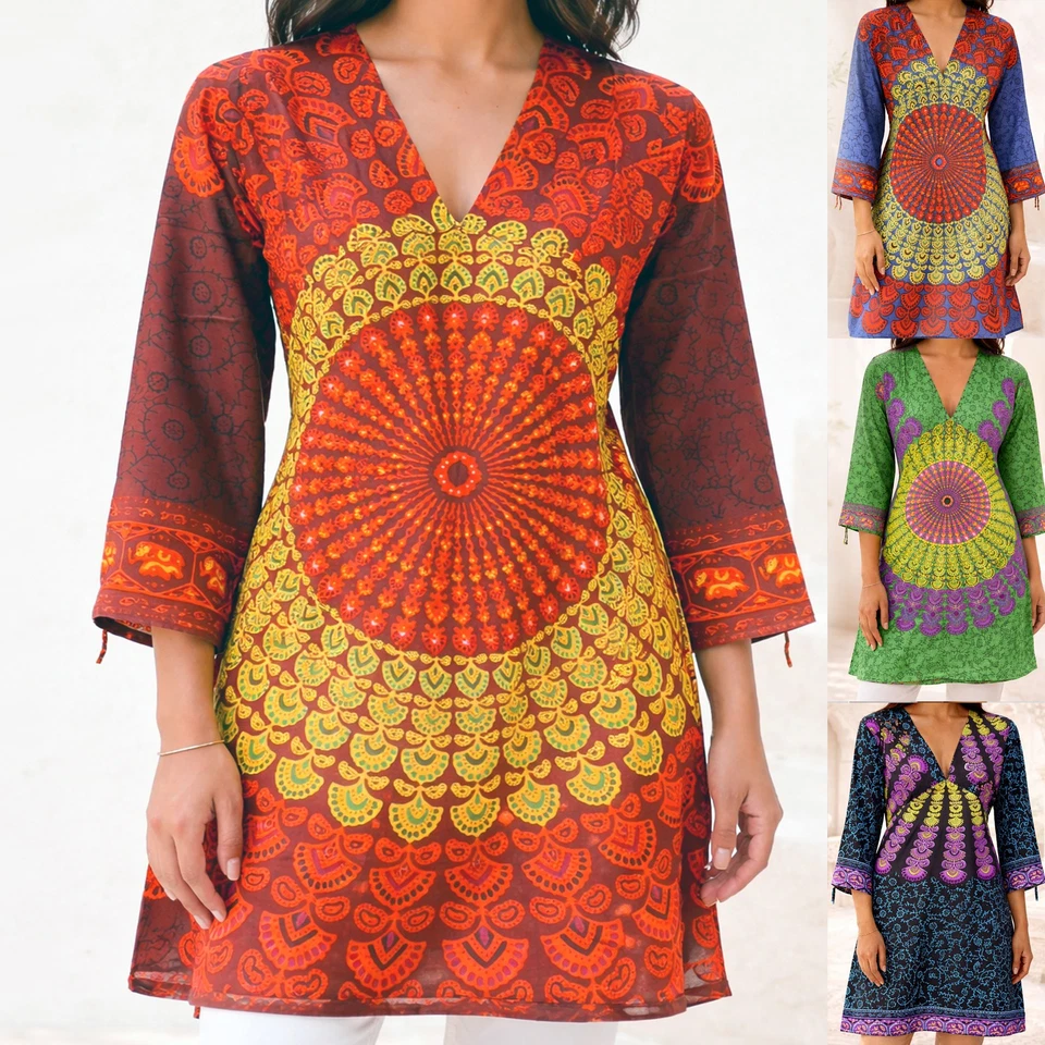 Kleid Tunika Top Langarm Minikleid Gr. S Bunt Hippie Goa Viskose Br 32 34 M - Bild 1 von 1