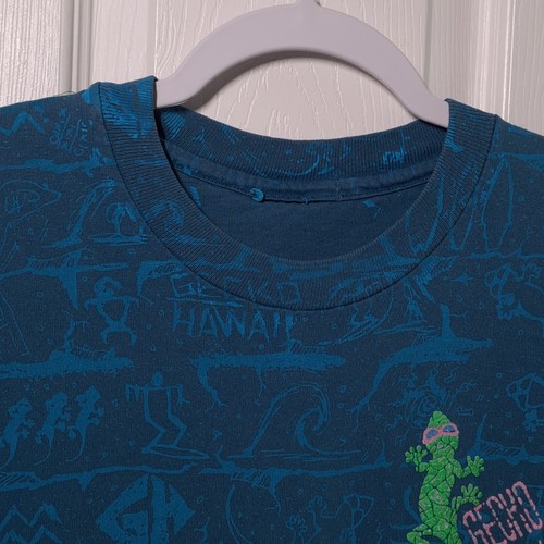 VINTAGE Gecko Hawaiian All-Over Print USED Shirt (S, Single Stitch, Blue, AOP) - Picture 3 of 8