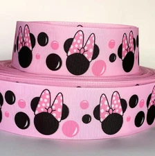 GROSGRAIN RIBBON 5/8", 7/8",1.5", 3"  Minnie Mouse White Pink Black Bow Printed 