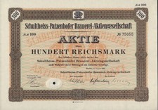 Schultheiss Patzenhofer Beer Brewery  Berlin Germany dd 1932 100 RM