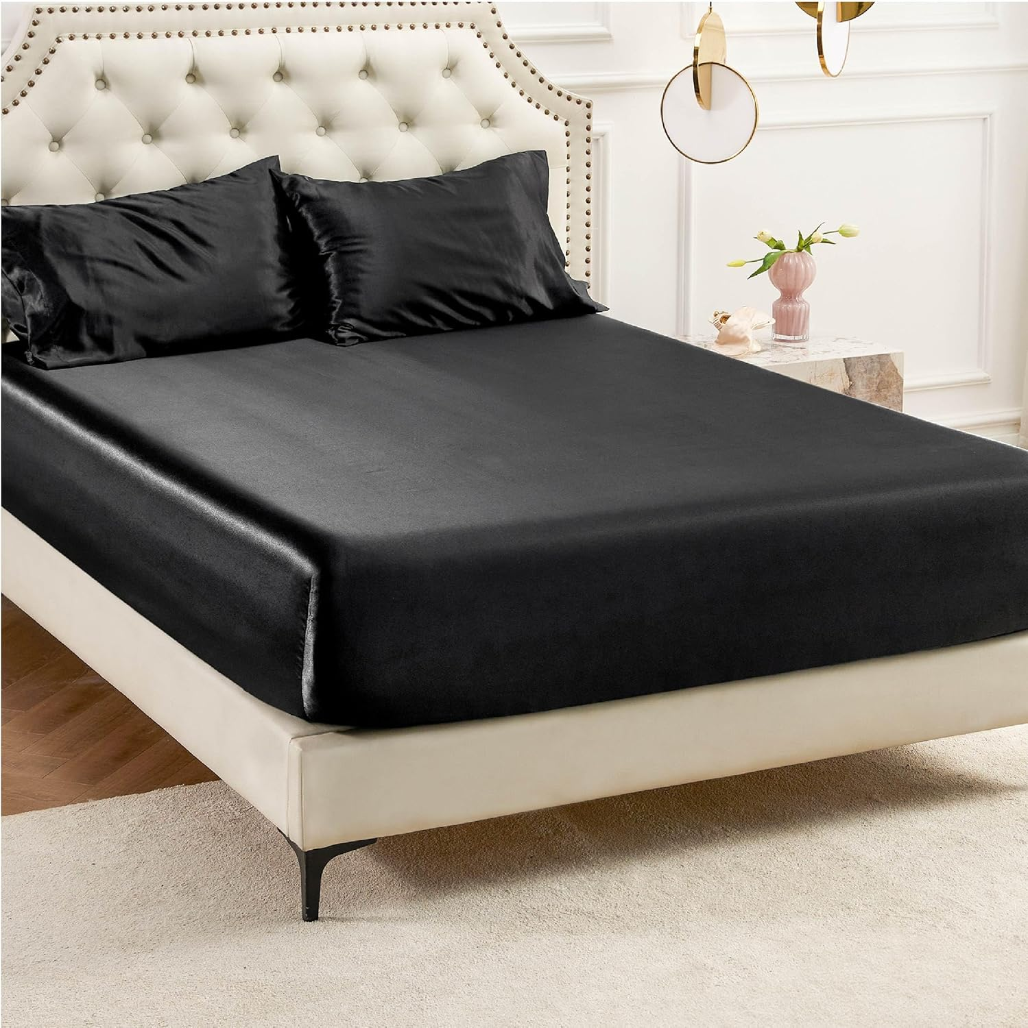 Black Silk Satin Queen Fitted Sheet - Ultra Soft Non-Slip Luxury Bed Sheet