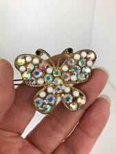 Vintage Clip Barrette Butterfly Gold Tone A.B. Rhinestone Acrylic Bead