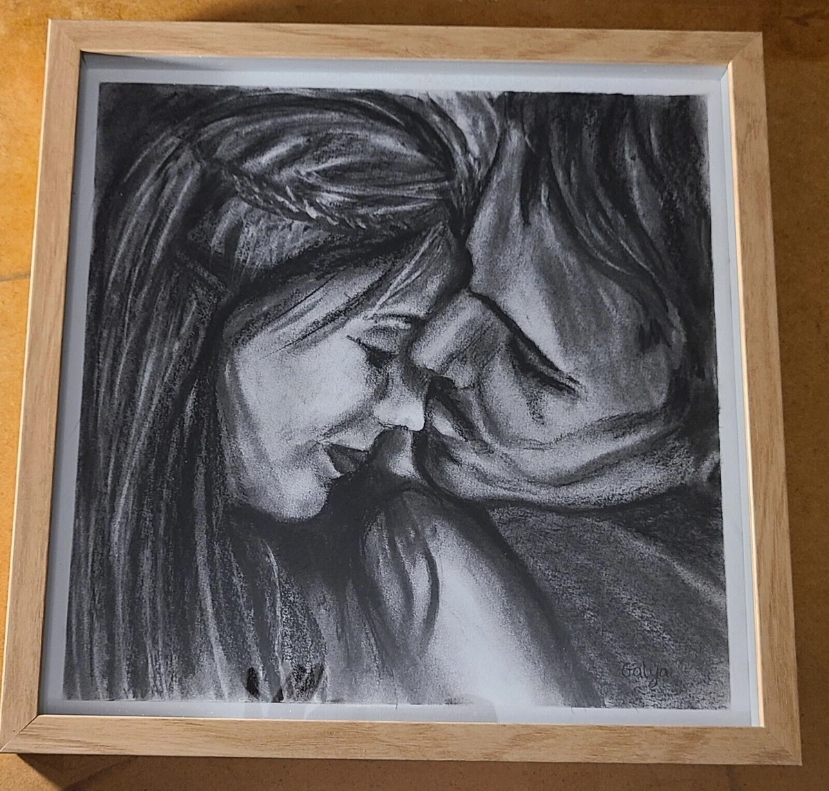 Original charcoal painting drawing love kiss framed signed realistic fine  art