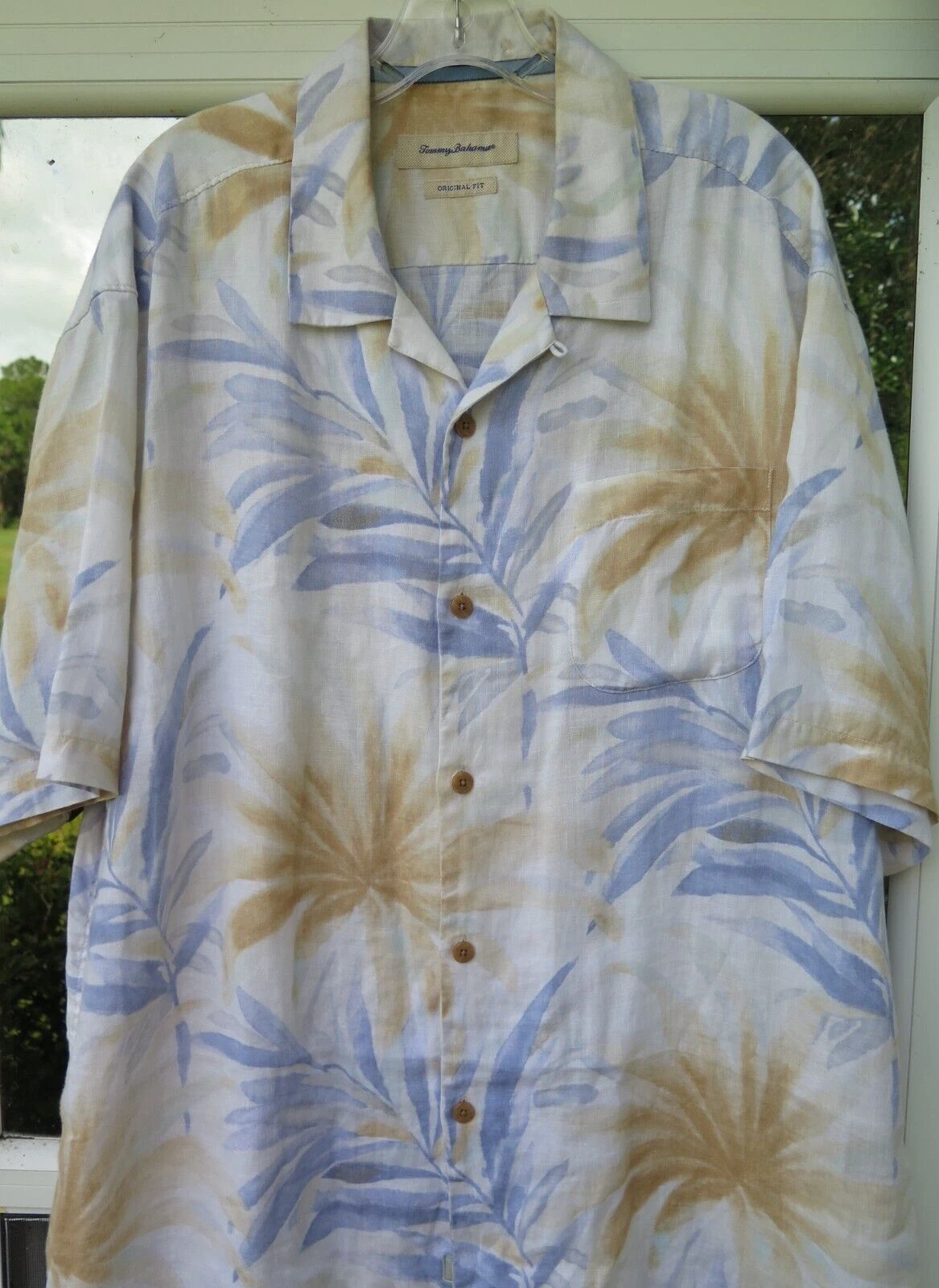 Tommy Bahama Mens Pure Linen Beige Blue Floral Original Hawaiian Casual Shirt XL