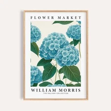 Blue Hydrangea Floral Wall Art William Morris Inspired Botanical Print for Home