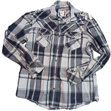 BKE Buckle Western Shirt Mens Large Slim Gray Black Plaid Long Sleeve Pearl Snap