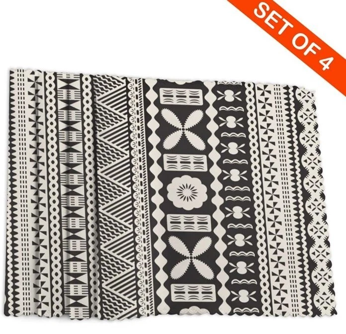Fijian MASI Tongan Kupesi Tapa Background Pattern Placemats  4 Black Heat Resist - Image 4 of 4