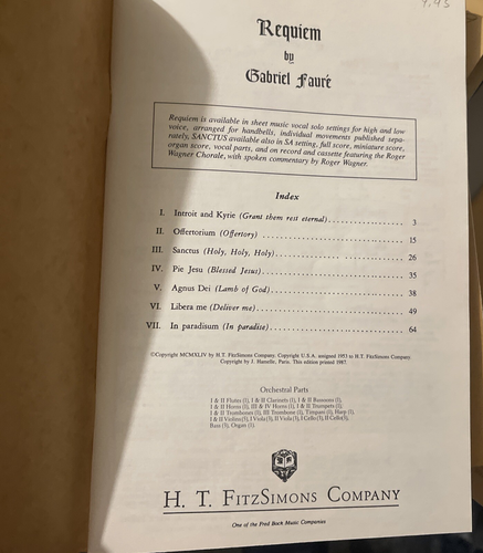 Gabriel Faure Requiem Vocal Score Soprano Baritone Chorus Orchestra 1954 - Picture 3 of 3