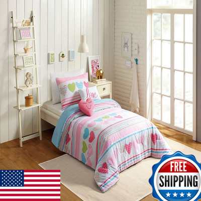 Urban Playground Daphne Hearts Kids Girls Cotton 4-Pc Comforter Set Includes 2