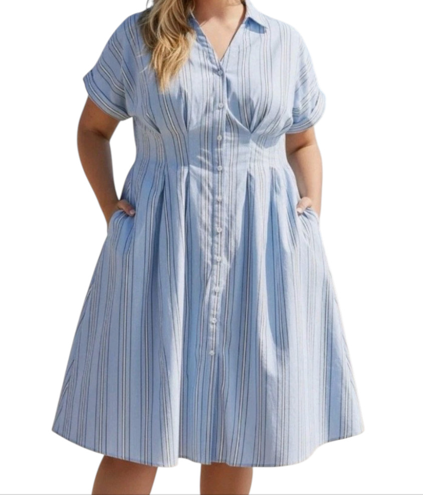 NWT AVA & VIV Blue/White Stripe POPLIN SHIRT DRESS Defined Waist Button-Front 2X