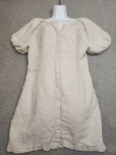 Women's J.Crew 100% Linen Short Sleeve Oatmeal Beige Dress Size 8 Tie Back CUTE!