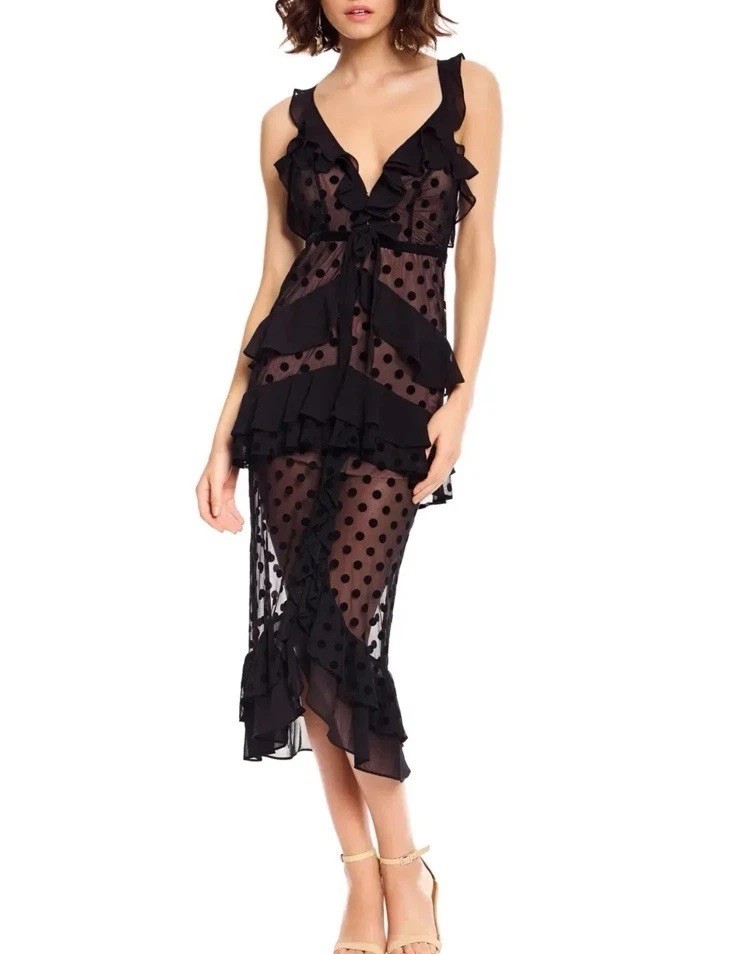 love and lemons Dotty Midi Chiffon Dress Black Small View 3