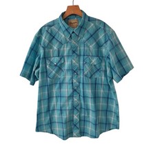 Wrangler Western Shirt Pearl Snap Cowboy Rodeo Aqua Blue Plaid Mens XL NEW NWOT
