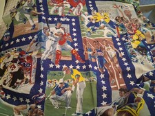 Sports Theme White Stars On Blue Blocks Cotton Fabric 104" X 36"