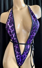 Exotic Dancer Stripper Rave Scrunchy Thong Monokini  New Style Purple Leopard