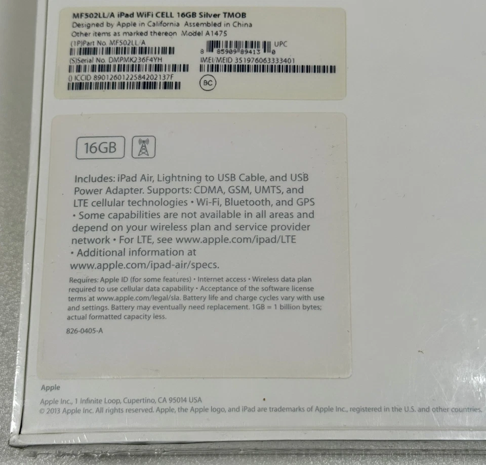Apple iPad Air 1st Gen 16GB Cellular Silver MF502LL/A A1475 iOS 7 NEW Sealed - Image 3 of 4