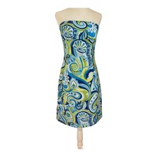 La Belle Strapless Paisley Dress Blue Green Mini A-Line USA Made Size Unknown