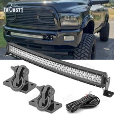 32" Curved LED Light Bar Tow Hook Bracket Kit For Dodge Ram 2500 3500 4500 10-19