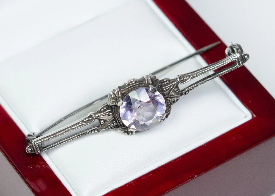 835 Argento - Antico Art Deco Spilla - Naturale Ametista - Immagine 2 di 4
