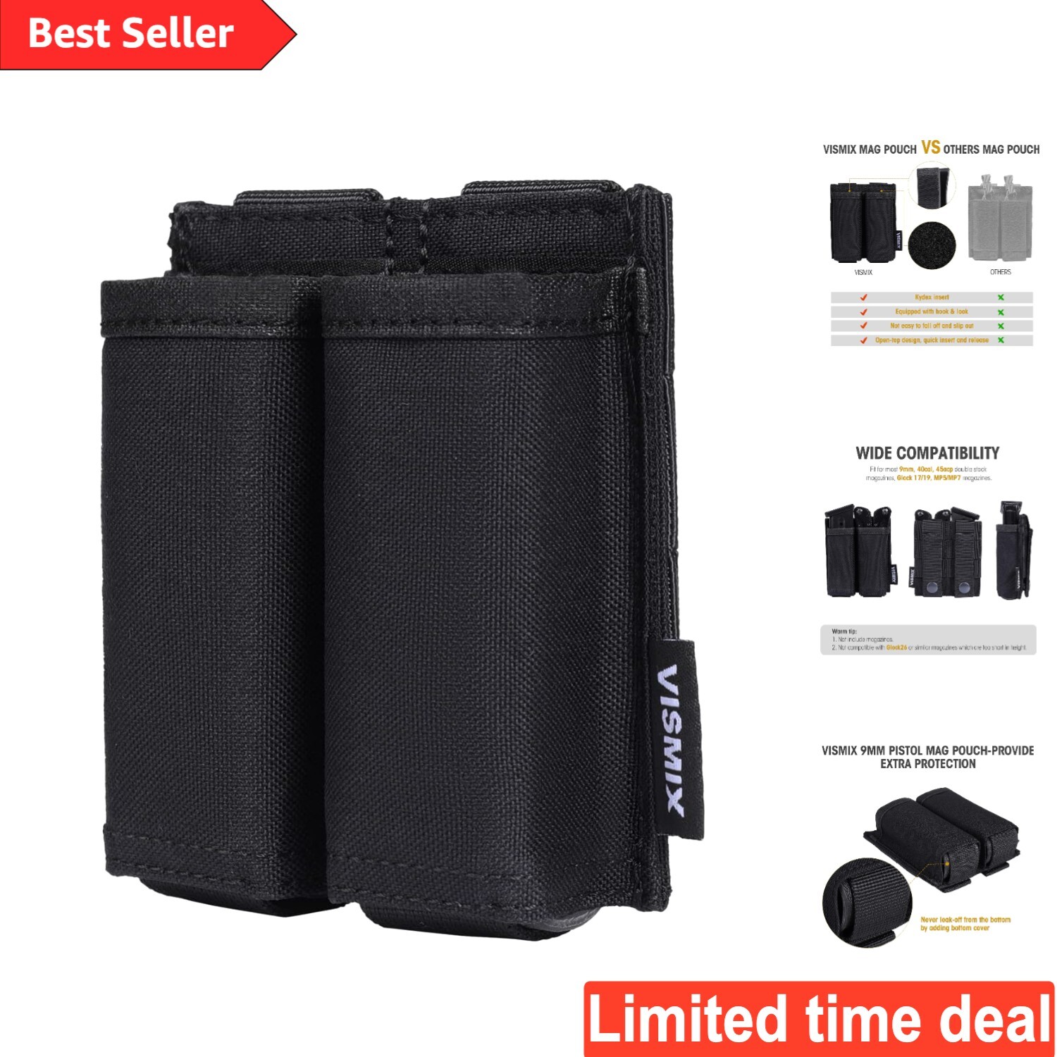 Lightweight Black Nylon Double Mag Pouch - Kydex Inserts for Secure Retention-image