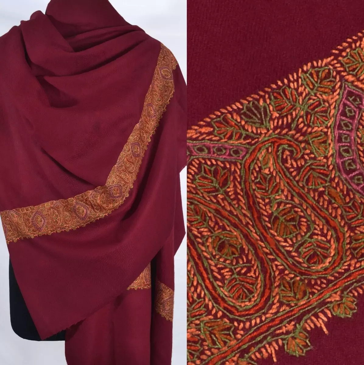 KASHMIR HANDMADE BORDER EMBROIDERY PAISLEY 100 CASHMERE PASHMINA SHAWL DARK RED