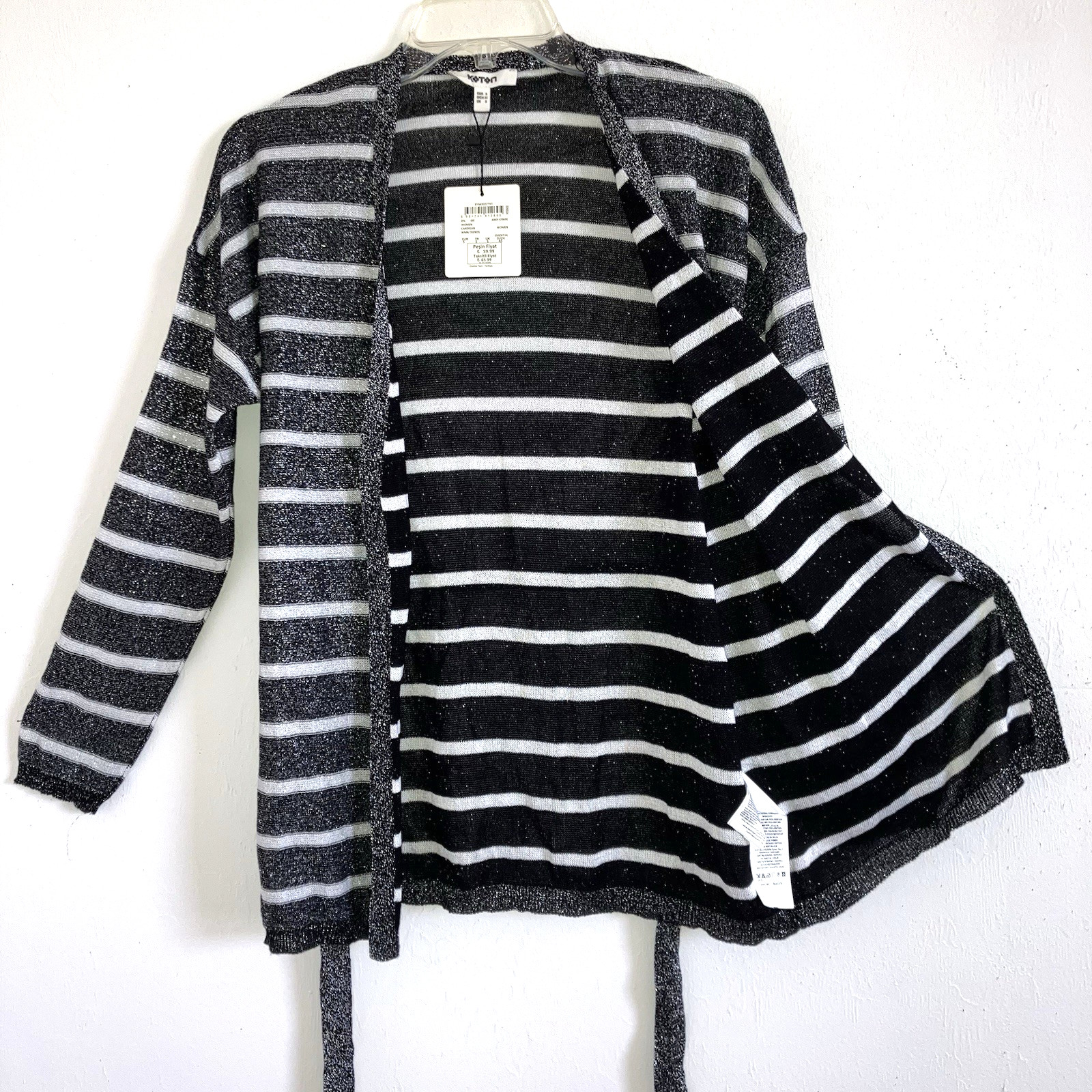 KOTON S Black & White Sparkle Open Neck Peplum Tie Knit Tunic Top Duster Cardi