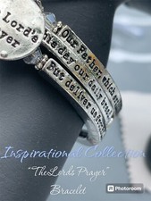 The Lord's Prayer Christian Coiled Bracelet. Silver tone With Clear Beads.