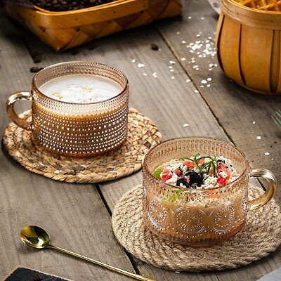 Vintage Coffee Mugs 14 Oz Set of 2 Amber Embossed Glass Tea Cups Day Gifts  cute | eBay