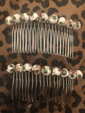  2 Vintage WHITE Flora Cloisonne Enamel Bead Metal Hair Combs