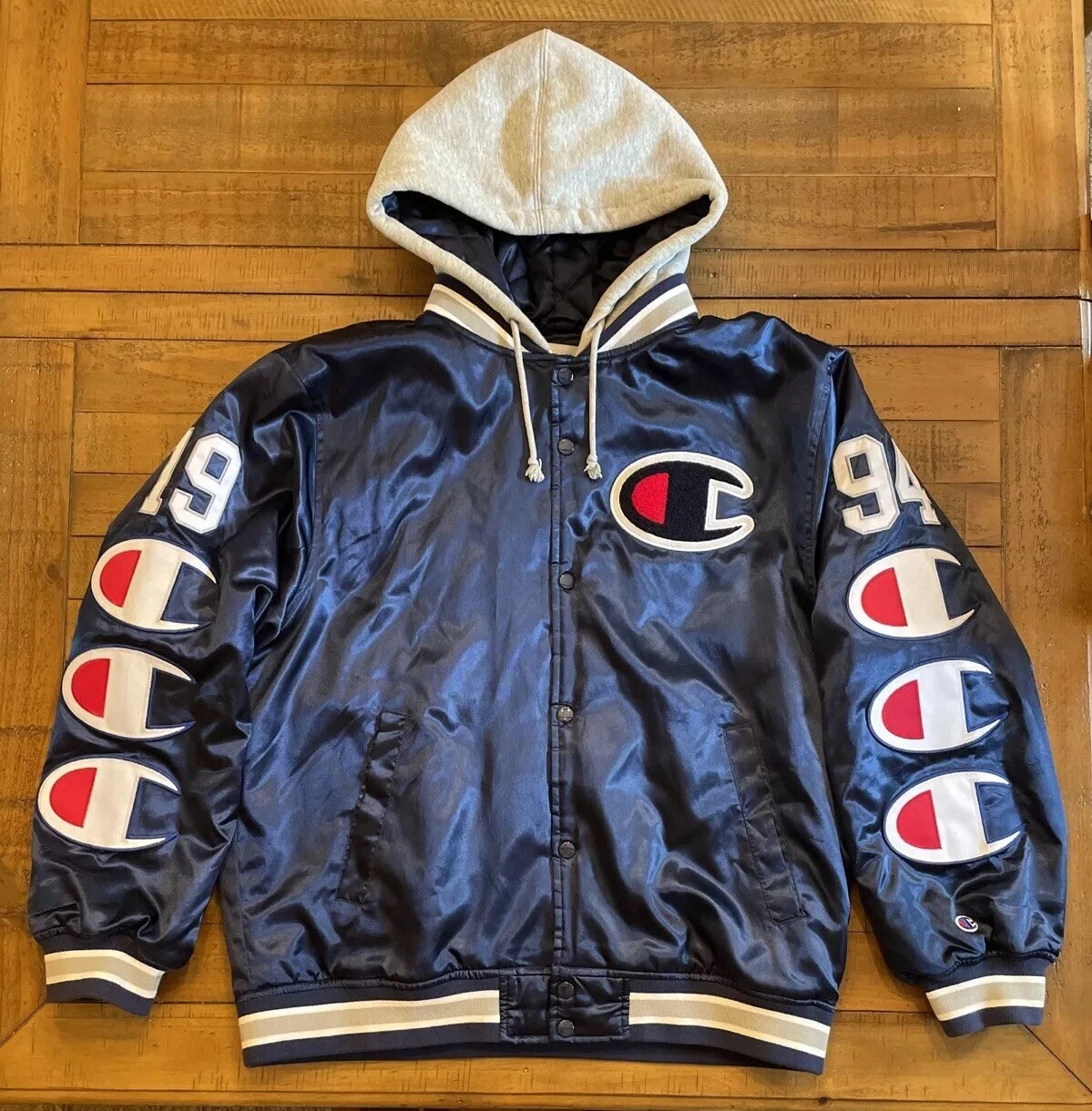 Veste universitaire en satin à capuche Supreme x Champion   Bleu marine   Large