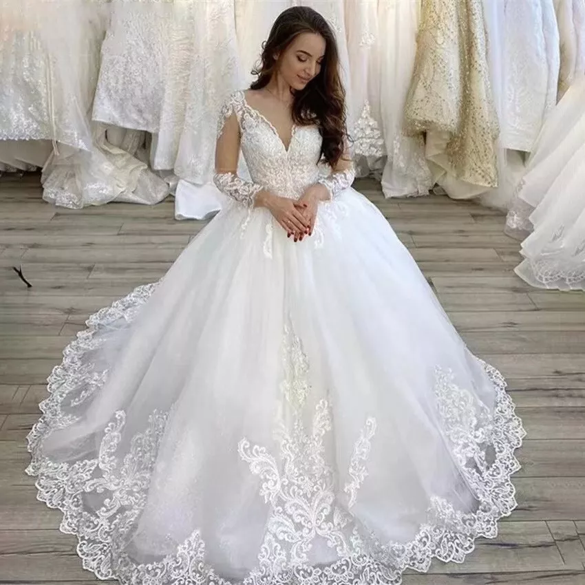 Fanciest Women's Lace Wedding Dresses Long Sleeve Wedding Dress Ball Bridal  Gowns White