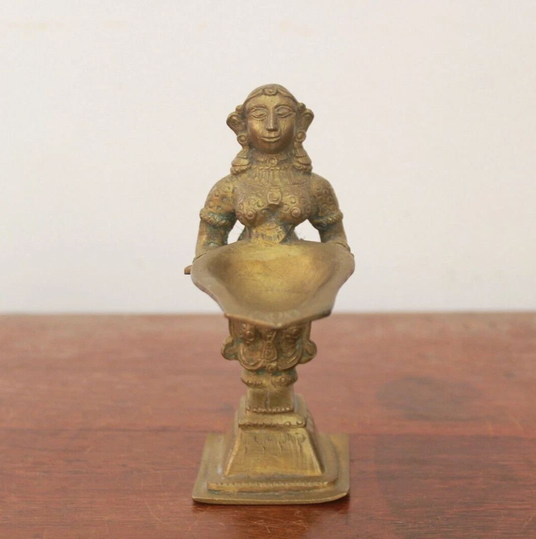 Antique Oil Lamp Brass Diya Vintage Lady Statue Hindu Home Garden Temple Decor