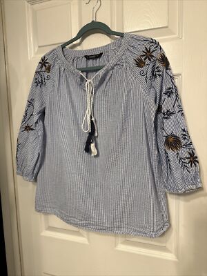 Dunnes Stores Sz 12 White & Blue Striped Seersucker Long Sleeve Embroidered Top