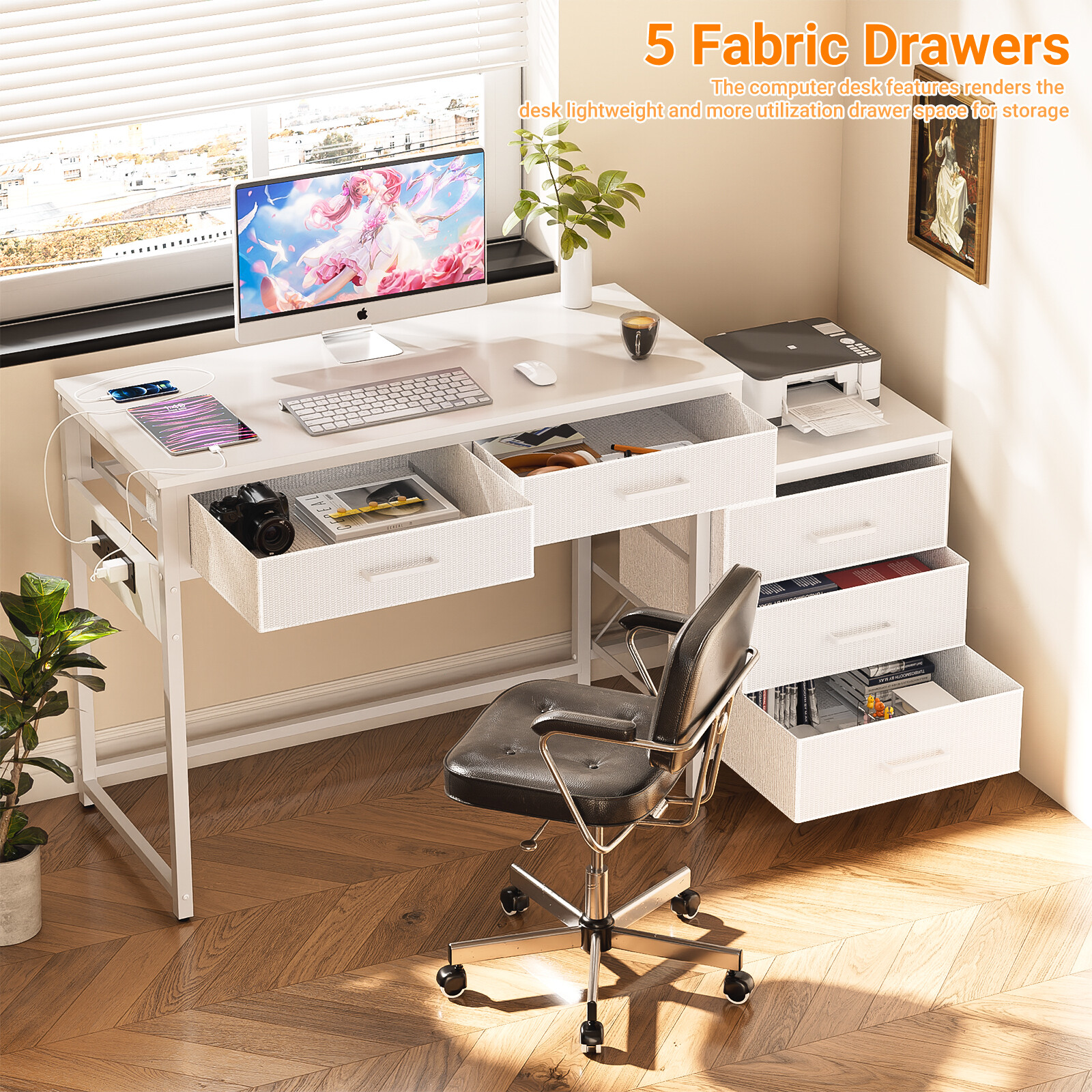 Home Office Computer Desk with 5 Drawers and Built-in Power Station  -image