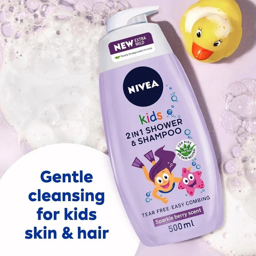 New Nivea 3in1 Kids Shower & Shampoo With Bio Aloe Vera Berry Scent 500 ml - Picture 3 of 5