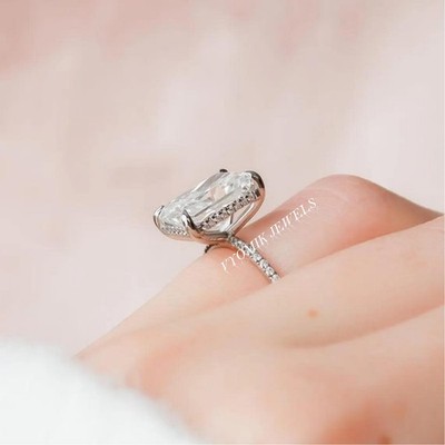 8x6mm Radiant Cut VVS1 Moissanite Prong Engagement Ring 14k White Gold Plated