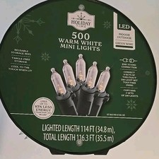 Holiday Time 500 Warm White Mini LED Christmas Lights Green Wire 116.3 FT Decor