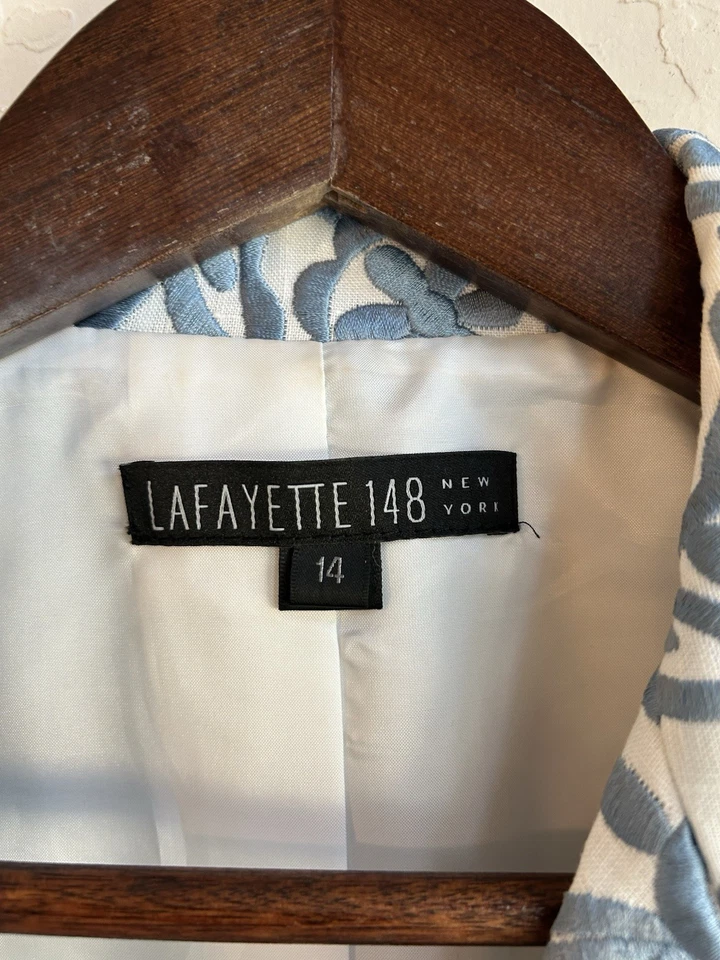 Lafayette 148 100% льняной вышитый блейзер куртка 14 роскошь дизайнерский синий белый - Изображение 3 из 4