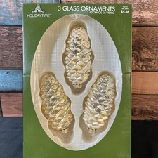 3 Holiday Time Frosted Glass Pinecone Ornaments Light Gold Glitter 4.5   Germany