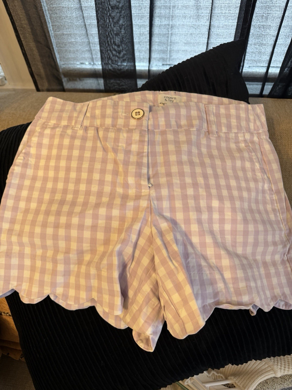 Crown & Ivy Shelby Gingham Scalloped Chino Shorts Purple White Cotton Size 6