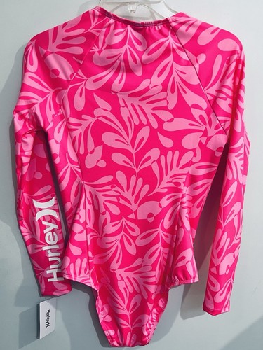 HURLEY Women Size L Zip Front Long Sleeve Rash Guard Swimsuit One-Piece Pink - Picture 3 of 14