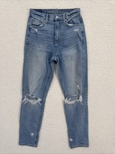 American Eagle Mom Jeans Women Size 00 Regular Blue Distressed Destroyed