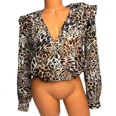 Blue Life Fina Blouse Womens Cheetah Print Long Sleeve Flutter Crop Top Size S