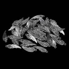 80 Rose Angel Wing Charms Antiqued Silver Floral Pendants Findings 1.18"