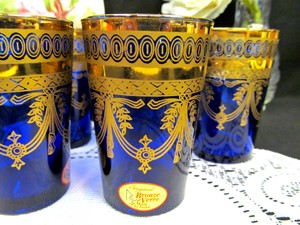 Vintage-cobalt-blue-Bronze-Verre-Madein-France-set-of-6-glasses-gold-etched-swag