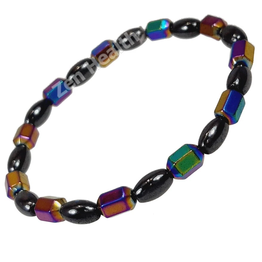Magnetic Hematite Hexagon Aurora Borealis Rainbow Stretch Beaded Bracelet