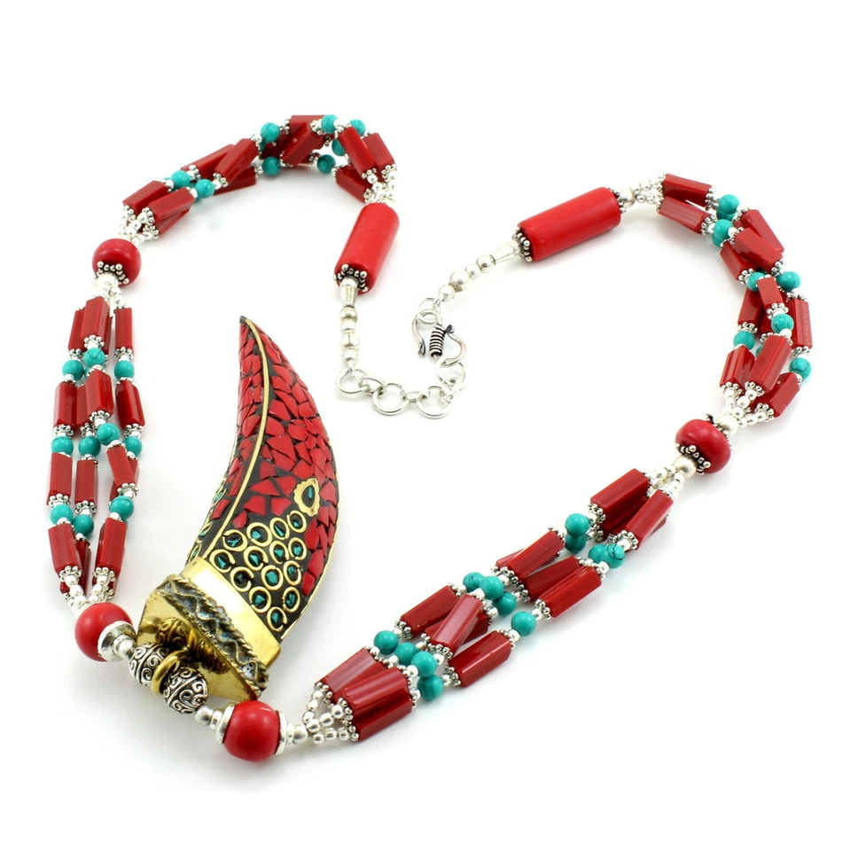 Anhänger Halskette Tibetischer Türkis Rot Quarz Edelstein Perlenschmuck 105 G... - Bild 2 von 3