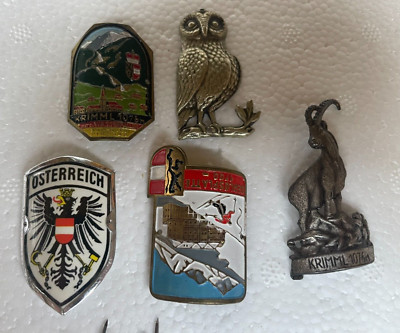 Vintage 5 Wanderstöcke Pin auf Abzeichen unbenutzt Eule Ziege Skipiste Krimml & Pins