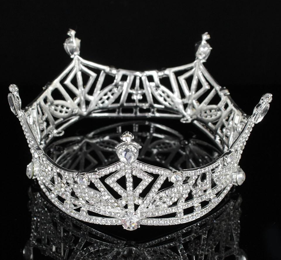 Large Rhinestone Tiara Crown - Clear Austrian Crystal Pageant Beauty Queen Silver
